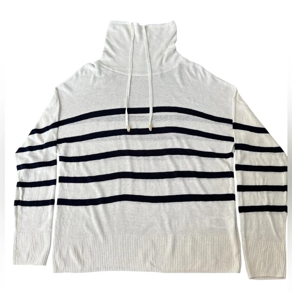 Nicole Miller XS Striped Linen Blend Turtleneck Sweater White Navy